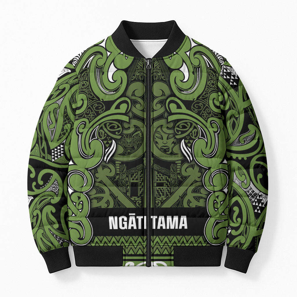 Aotearoa Iwi Ngāti Tama ki Taranaki Trust Bomber Puffer Jacket Maori Wharenui House Tribal Pattern LT9 Unisex Lime - Polynesian Pride