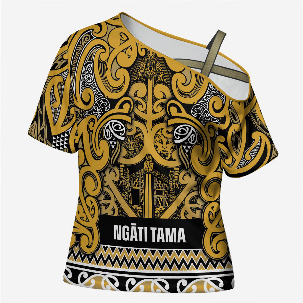 Aotearoa Iwi Ngāti Tama ki Te Waipounamu Trust Cross Shoulder Shirt Maori Wharenui House Tribal Pattern LT9 Female Gold - Polynesian Pride