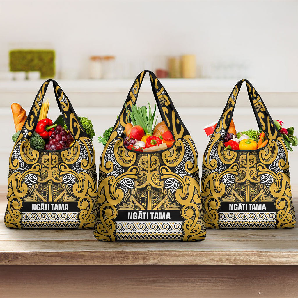 Aotearoa Iwi Ngāti Tama ki Te Waipounamu Trust Grocery Bag Maori Wharenui House Tribal Pattern LT9 3-pack One Size Gold - Polynesian Pride
