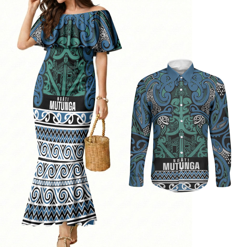 Aotearoa Iwi Ngati Mutunga Couples Matching Mermaid Dress and Long Sleeve Button Shirt Maori Wharenui House Tribal Pattern LT9 Ocean Blue - Polynesian Pride