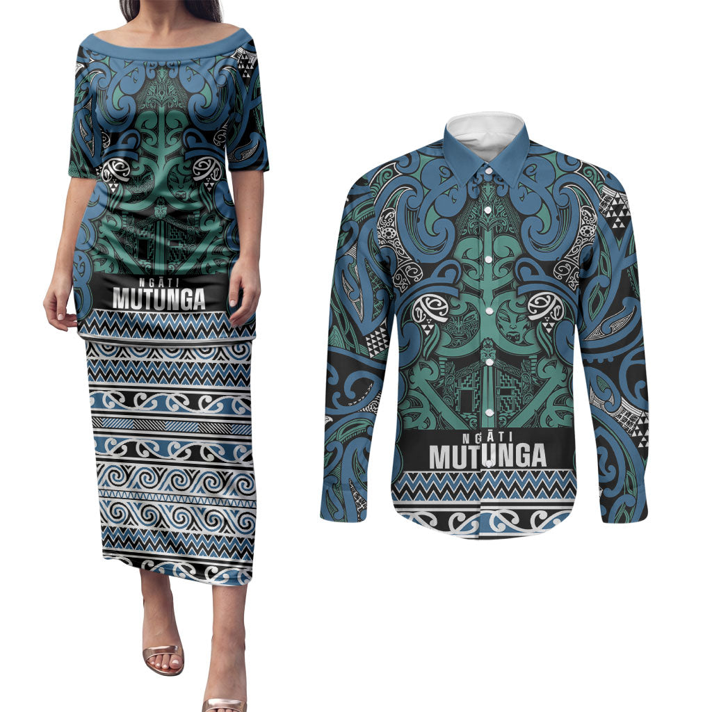 Aotearoa Iwi Ngati Mutunga Couples Matching Puletasi and Long Sleeve Button Shirt Maori Wharenui House Tribal Pattern LT9 Ocean Blue - Polynesian Pride