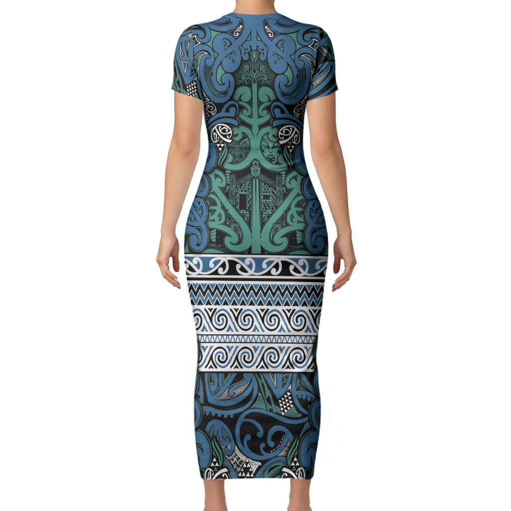 Aotearoa Iwi Ngati Mutunga Short Sleeve Bodycon Dress Maori Wharenui House Tribal Pattern LT9 - Polynesian Pride