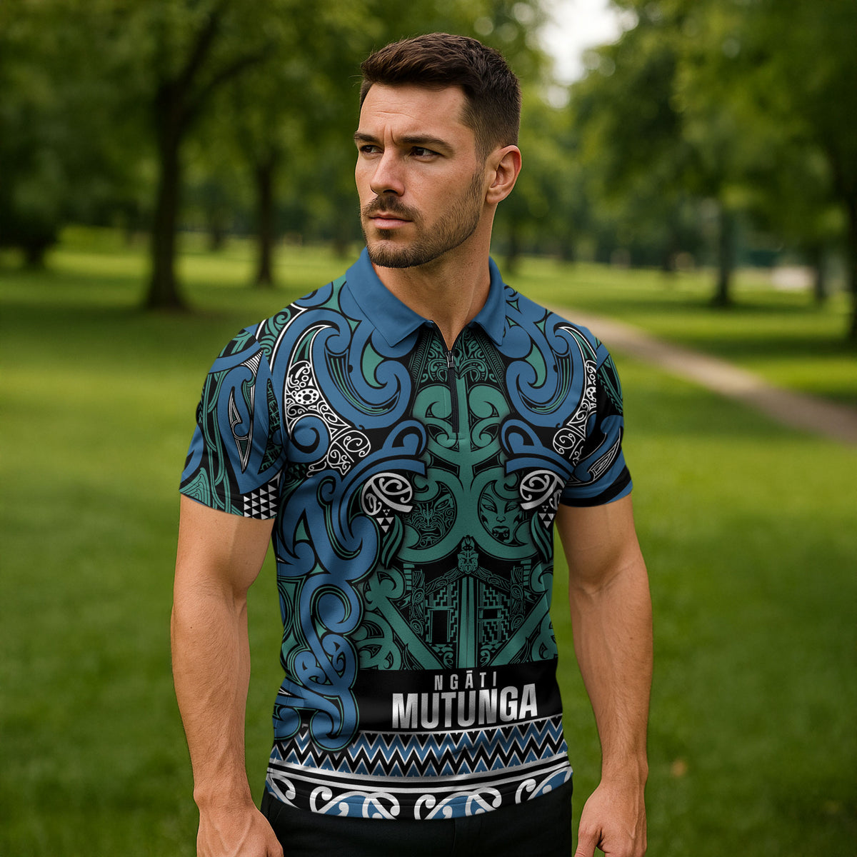 Aotearoa Iwi Ngati Mutunga Zipper Polo Shirt Maori Wharenui House Tribal Pattern LT9 - Polynesian Pride