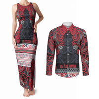 Aotearoa Iwi Te ati Awa Couples Matching Tank Maxi Dress and Long Sleeve Button Shirt Maori Wharenui House Tribal Pattern LT9 Bright Red - Polynesian Pride