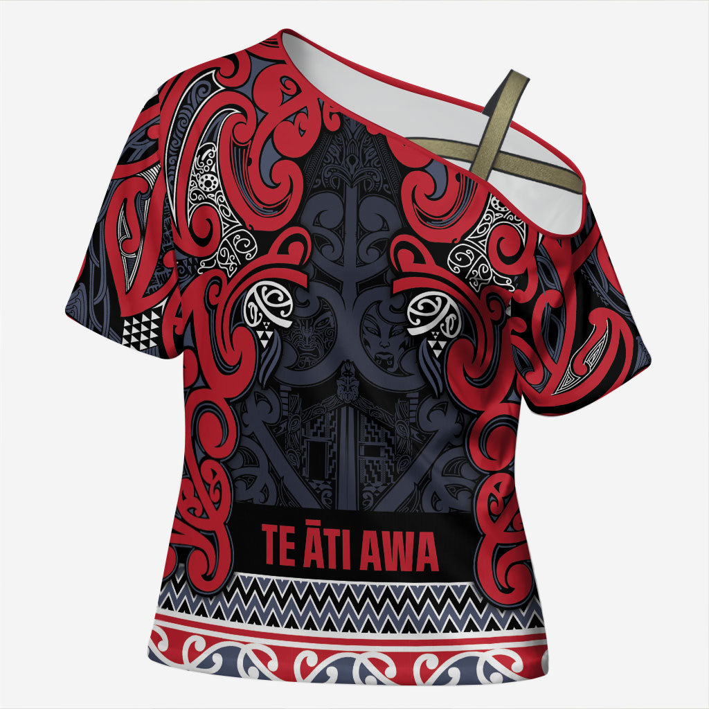 Aotearoa Iwi Te ati Awa Cross Shoulder Shirt Maori Wharenui House Tribal Pattern LT9 Female Bright Red - Polynesian Pride