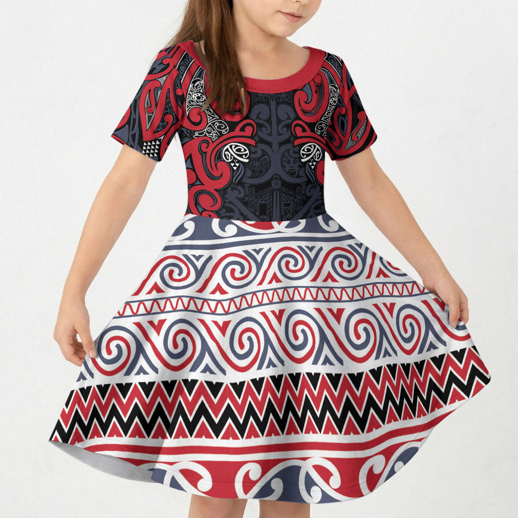 Aotearoa Iwi Te ati Awa Kid Short Sleeve Dress Maori Wharenui House Tribal Pattern LT9 KID Bright Red - Polynesian Pride