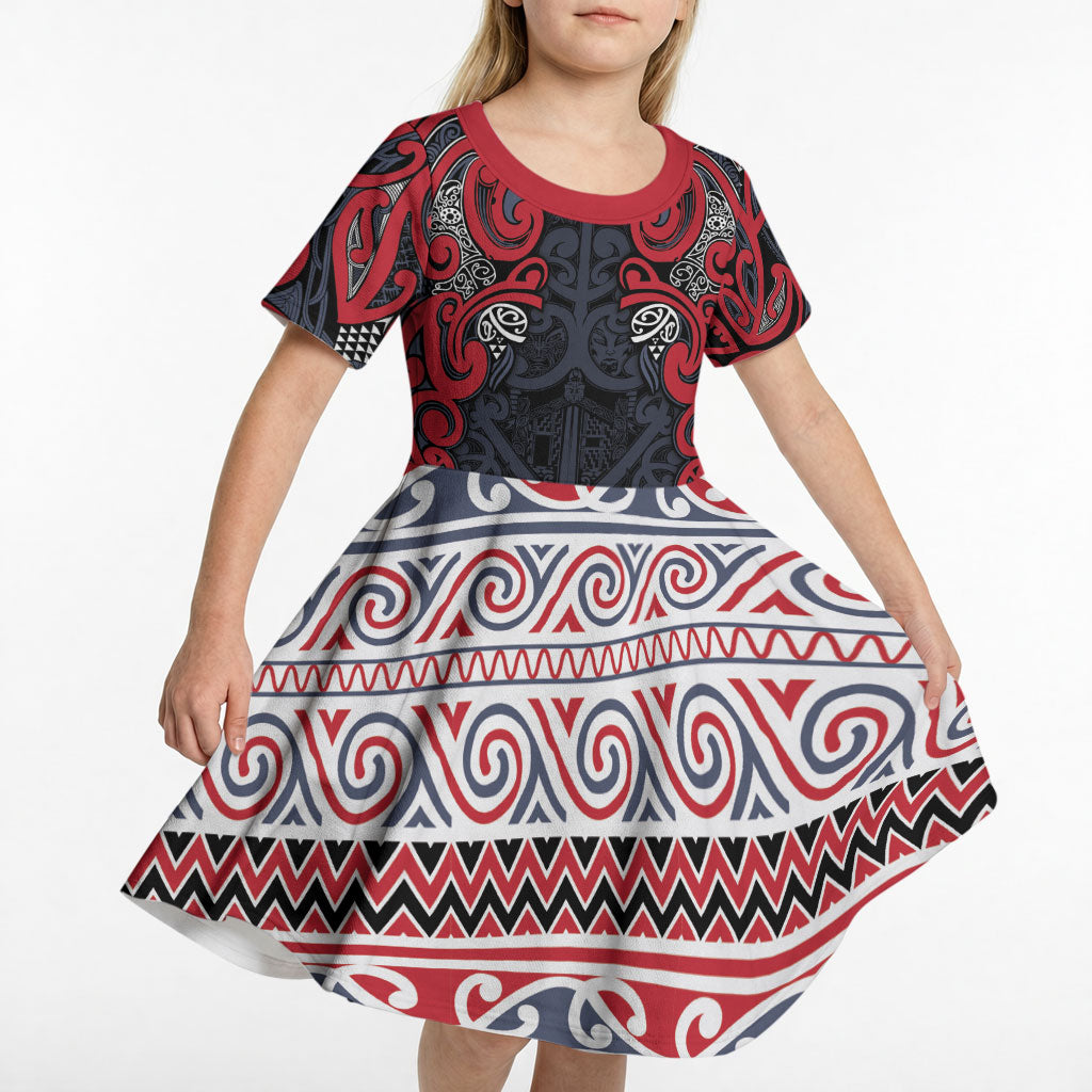Aotearoa Iwi Te ati Awa Kid Short Sleeve Dress Maori Wharenui House Tribal Pattern LT9 - Polynesian Pride