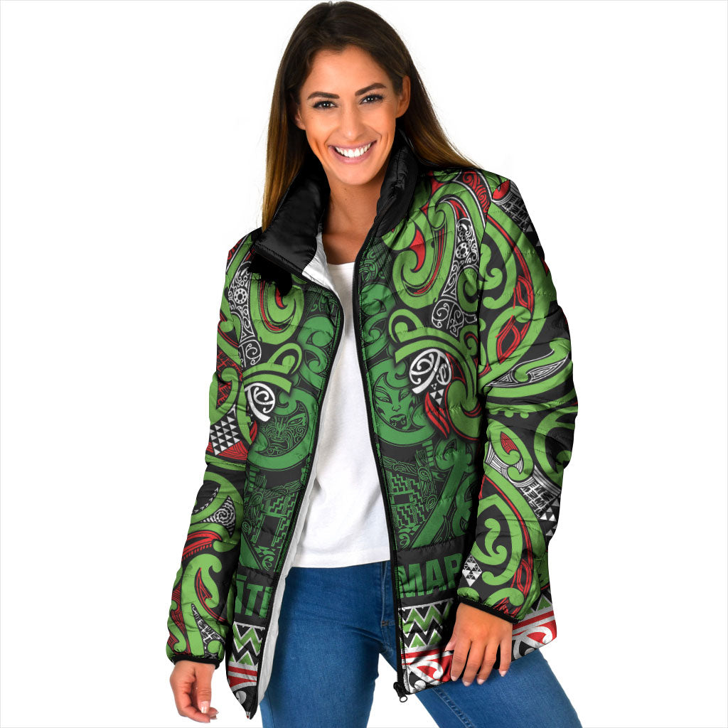 Aotearoa Iwi Ngati Maru Hauraki Padded Jacket Maori Wharenui House Tribal Pattern LT9 Women Green Red - Polynesian Pride