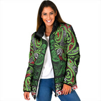 Aotearoa Iwi Ngati Maru Hauraki Padded Jacket Maori Wharenui House Tribal Pattern LT9 Women Green Red - Polynesian Pride