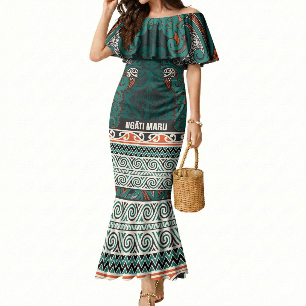 Aotearoa Iwi Ngāti Maru Taranaki Mermaid Dress Maori Wharenui House Tribal Pattern LT9 Women Deep Teal - Polynesian Pride