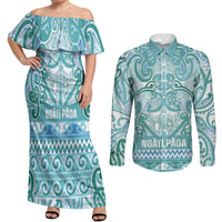 Aotearoa Iwi Ngati Paoa Couples Matching Off Shoulder Maxi Dress and Long Sleeve Button Shirt Maori Wharenui House Tribal Pattern LT9 Turquoise - Polynesian Pride