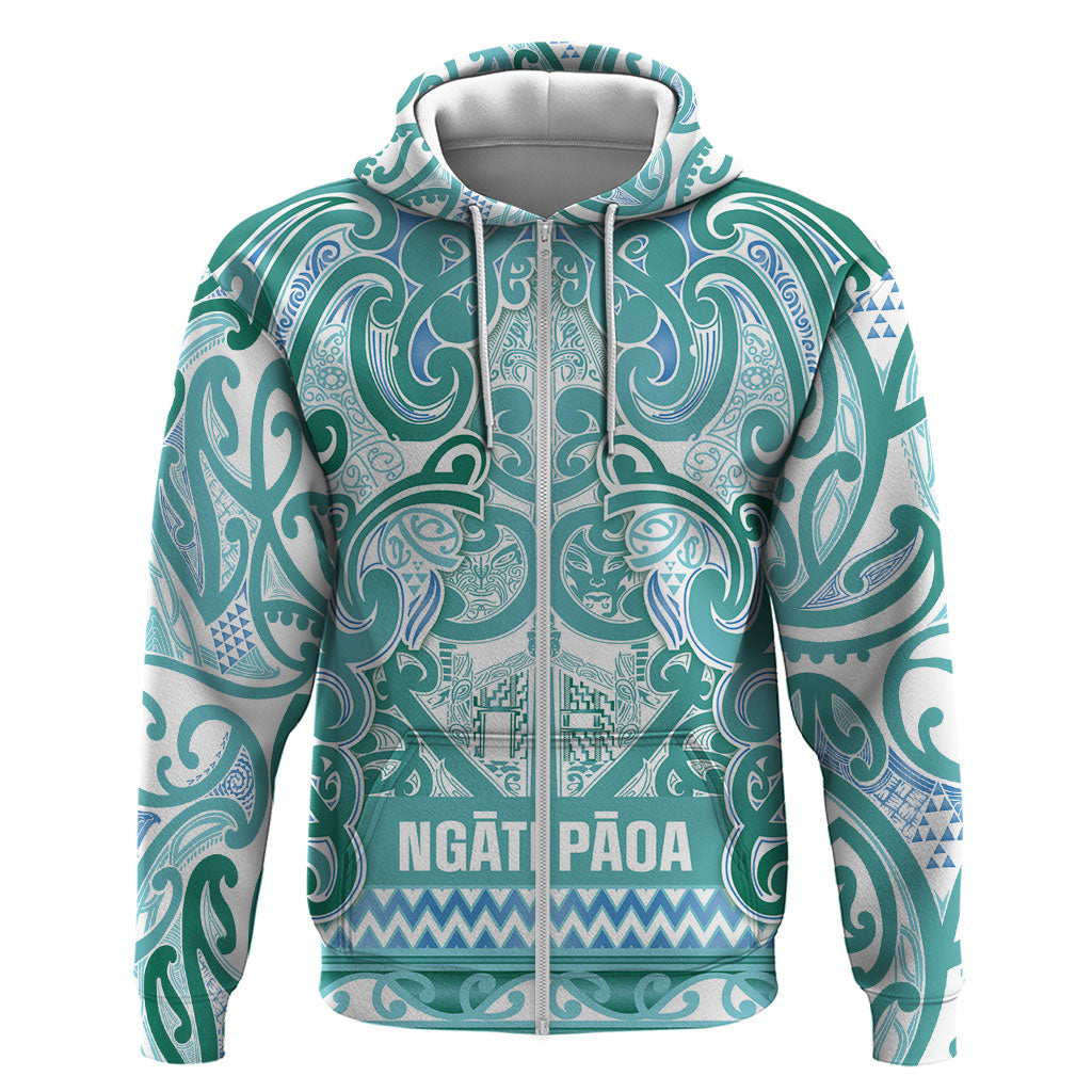 Aotearoa Iwi Ngati Paoa Hoodie Maori Wharenui House Tribal Pattern LT9 Zip Hoodie Turquoise - Polynesian Pride