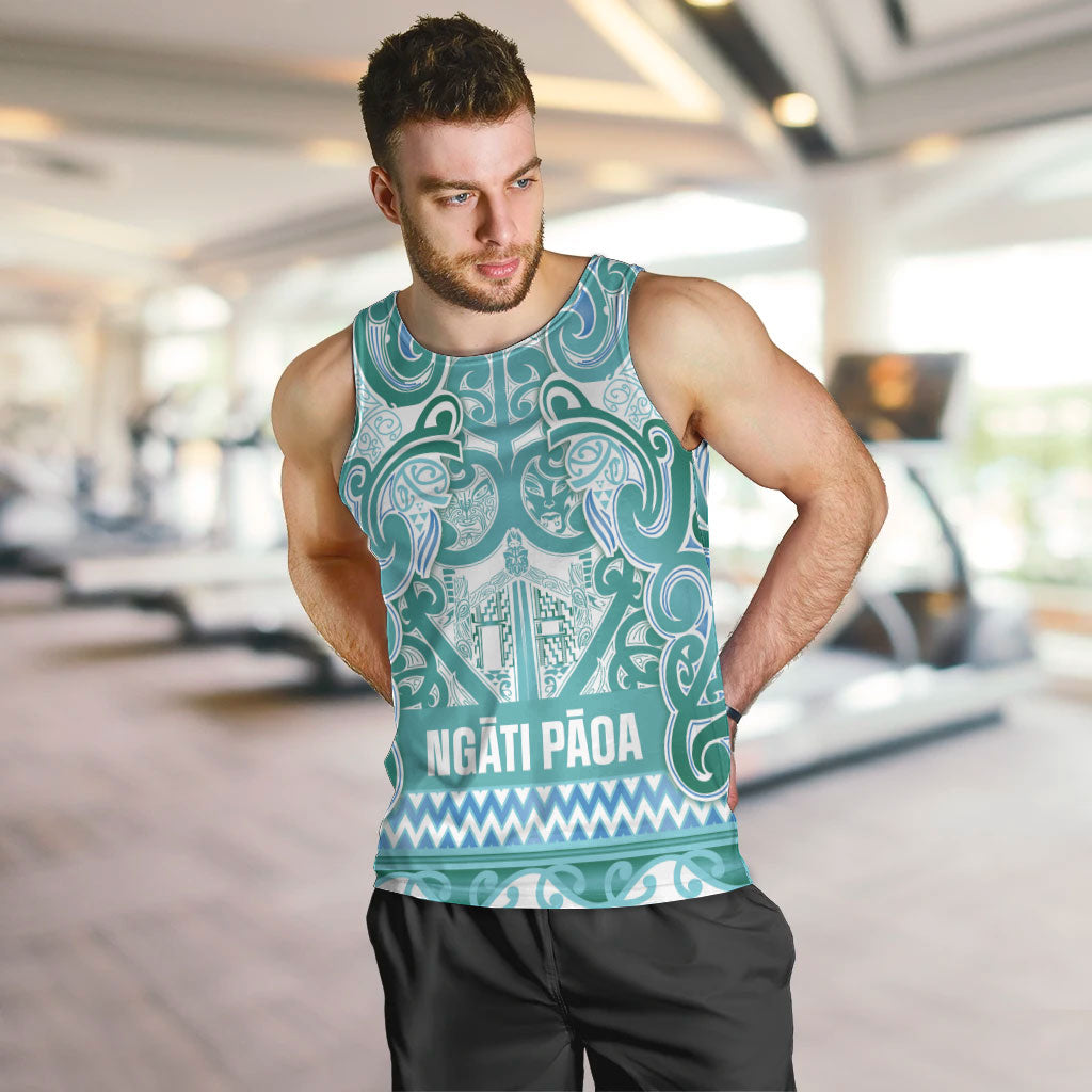 Aotearoa Iwi Ngati Paoa Men Tank Top Maori Wharenui House Tribal Pattern LT9 Turquoise - Polynesian Pride