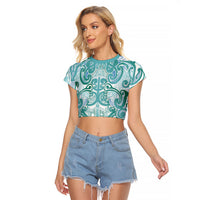 Aotearoa Iwi Ngati Paoa Raglan Cropped T Shirt Maori Wharenui House Tribal Pattern LT9 Female Turquoise - Polynesian Pride