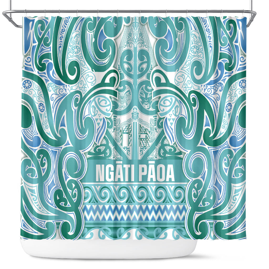 Aotearoa Iwi Ngati Paoa Shower Curtain Maori Wharenui House Tribal Pattern LT9 Turquoise - Polynesian Pride