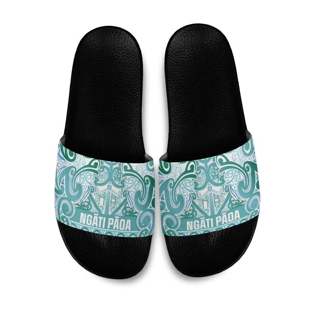 Aotearoa Iwi Ngati Paoa Slide Sandals Maori Wharenui House Tribal Pattern LT9 Turquoise - Polynesian Pride