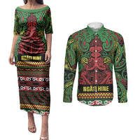 Aotearoa Iwi Ngati Hine Couples Matching Puletasi and Long Sleeve Button Shirt Maori Wharenui House Tribal Pattern LT9 Deep Green - Polynesian Pride