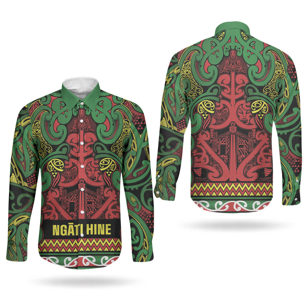 Aotearoa Iwi Ngati Hine Couples Matching Puletasi and Long Sleeve Button Shirt Maori Wharenui House Tribal Pattern LT9 - Polynesian Pride