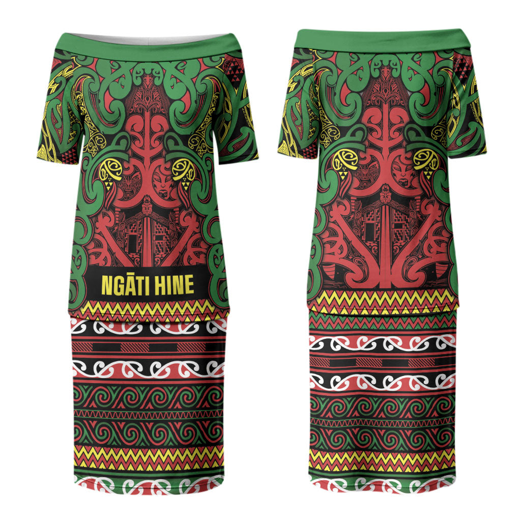 Aotearoa Iwi Ngati Hine Couples Matching Puletasi and Long Sleeve Button Shirt Maori Wharenui House Tribal Pattern LT9 - Polynesian Pride