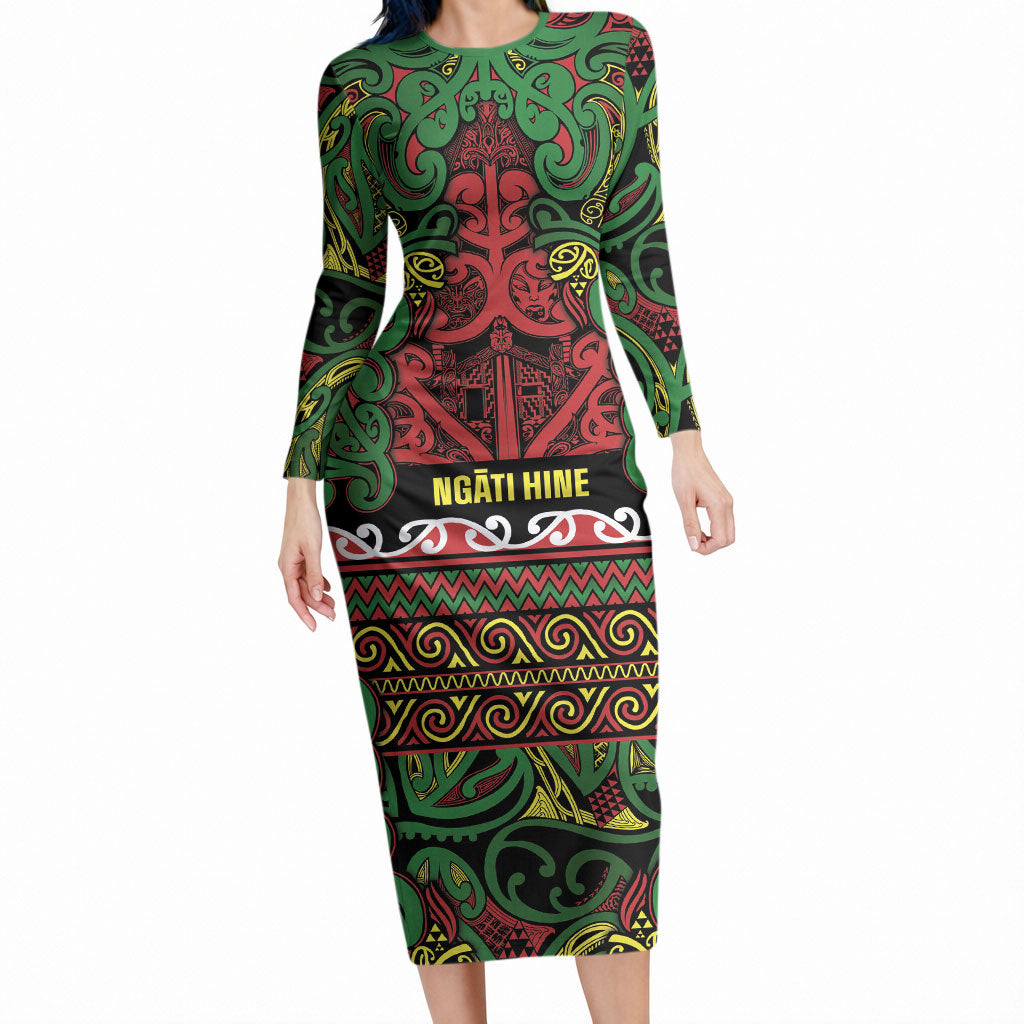 Aotearoa Iwi Ngati Hine Long Sleeve Bodycon Dress Maori Wharenui House Tribal Pattern LT9 Long Dress Deep Green - Polynesian Pride