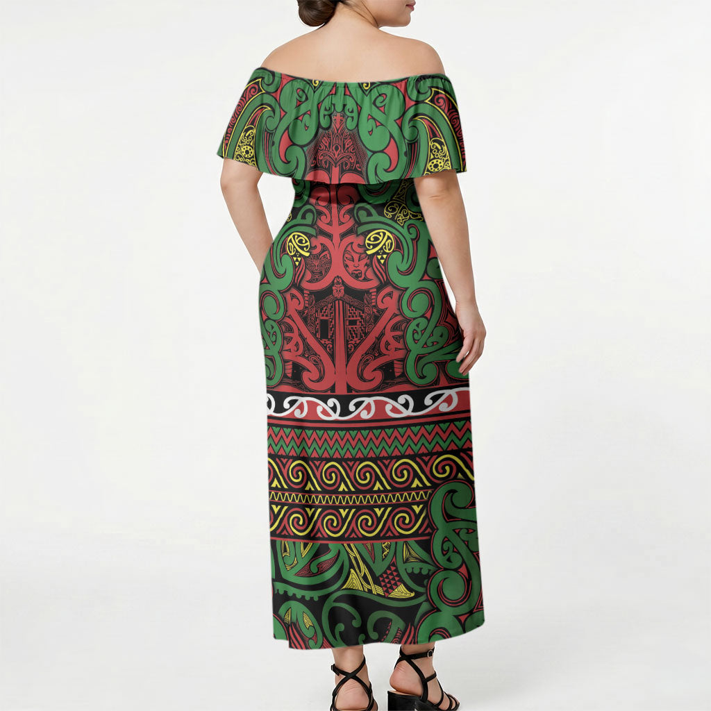 Aotearoa Iwi Ngati Hine Off Shoulder Maxi Dress Maori Wharenui House Tribal Pattern LT9 - Polynesian Pride