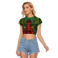 Aotearoa Iwi Ngati Hine Raglan Cropped T Shirt Maori Wharenui House Tribal Pattern LT9 Female Deep Green - Polynesian Pride