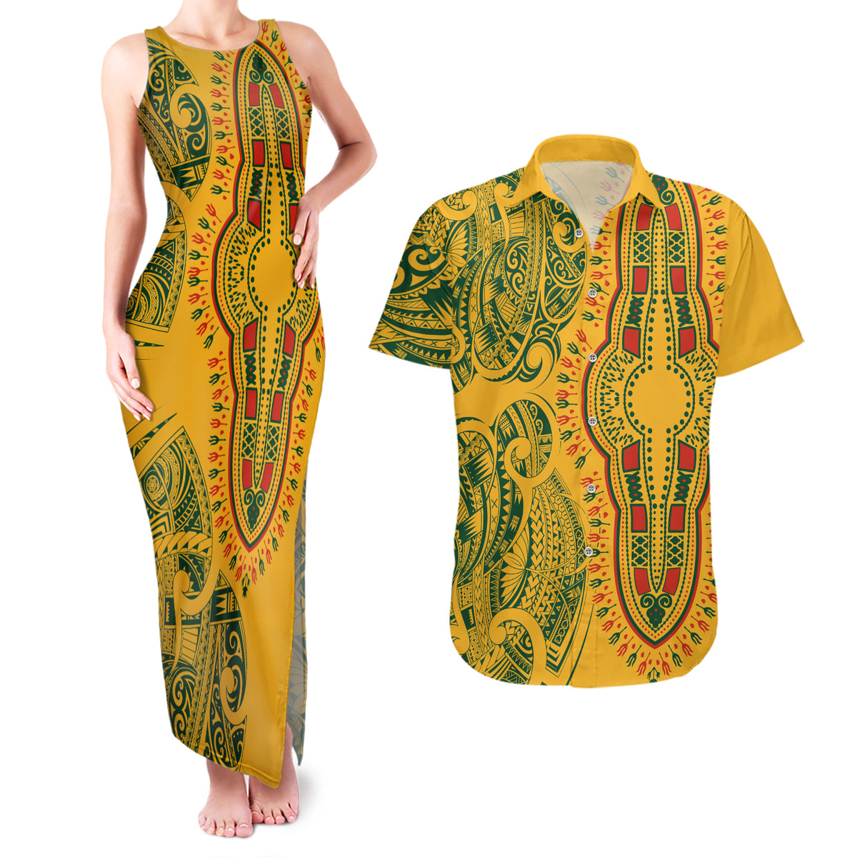 Africa Dashiki Couples Matching Tank Maxi Dress and Hawaiian Shirt African Tribal Art Mixed Polynesian Tattoo Gold Color Unique LT9 Gold - Polynesian Pride