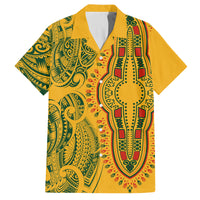 Africa Dashiki Family Matching Off Shoulder Short Dress and Hawaiian Shirt African Tribal Art Mixed Polynesian Tattoo Gold Color Unique LT9 Dad's Shirt - Short Sleeve Gold - Polynesian Pride