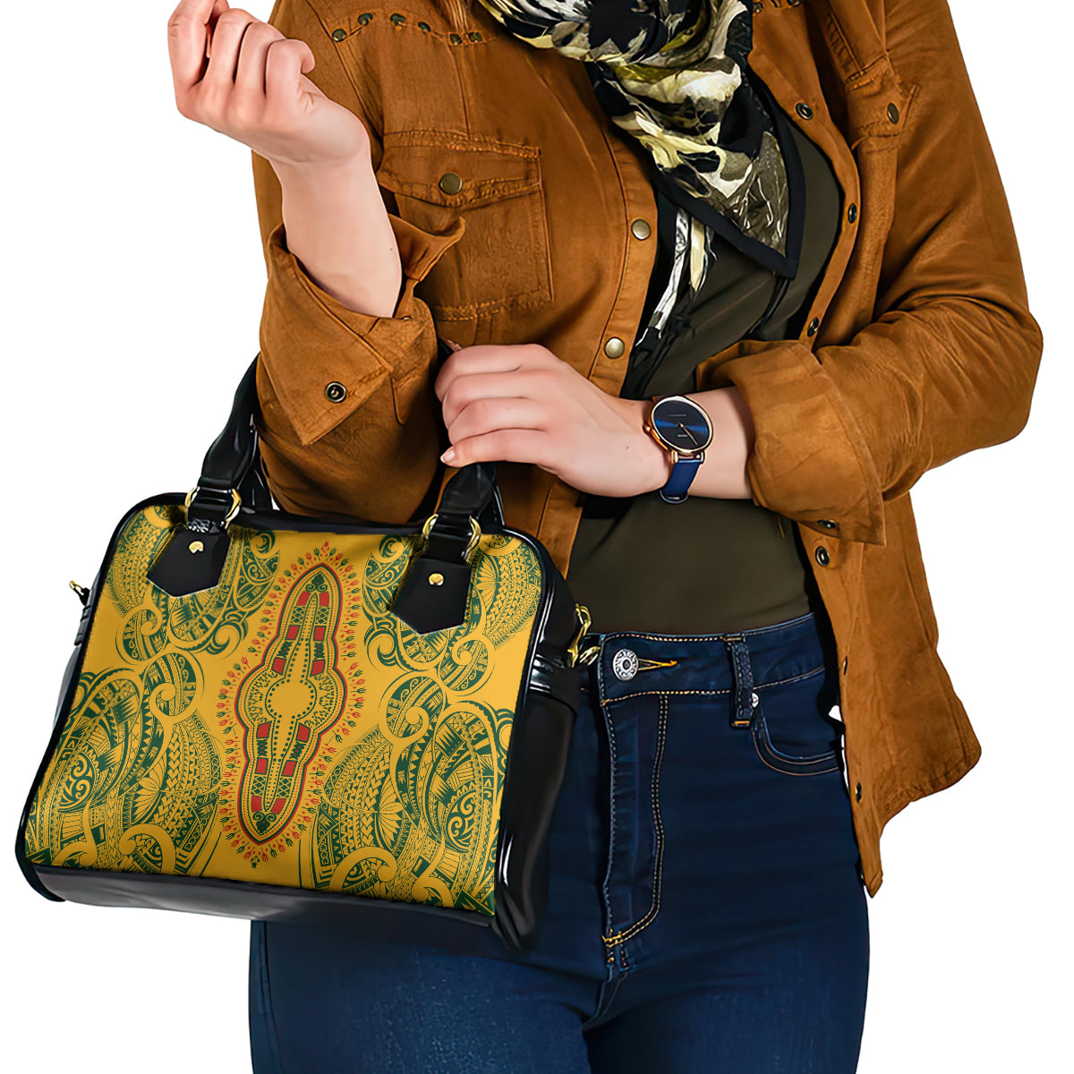 Africa Dashiki Shoulder Handbag African Tribal Art Mixed Polynesian Tattoo Gold Color Unique LT9 - Polynesian Pride