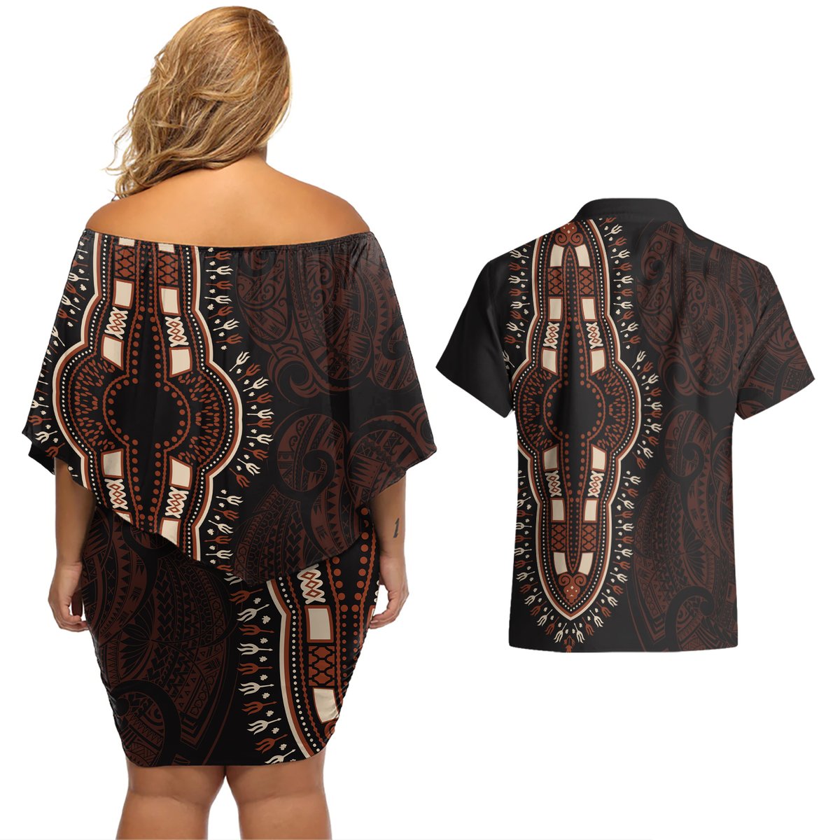 Africa Dashiki Couples Matching Off Shoulder Short Dress and Hawaiian Shirt African Tribal Art Mixed Polynesian Tattoo Red Color Unique LT9 - Polynesian Pride