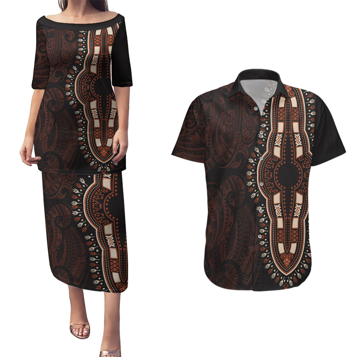 Africa Dashiki Couples Matching Puletasi Dress and Hawaiian Shirt African Tribal Art Mixed Polynesian Tattoo Red Color Unique LT9 Red - Polynesian Pride
