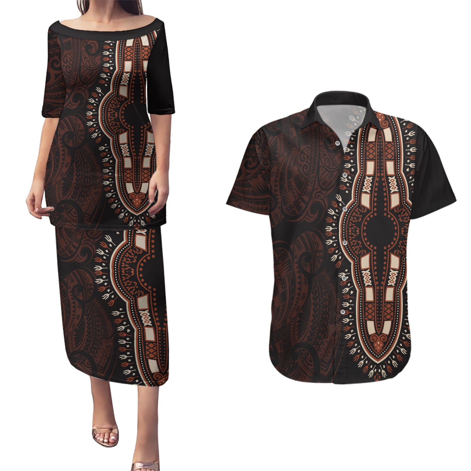 Africa Dashiki Couples Matching Puletasi Dress and Hawaiian Shirt African Tribal Art Mixed Polynesian Tattoo Red Color Unique LT9 Red - Polynesian Pride