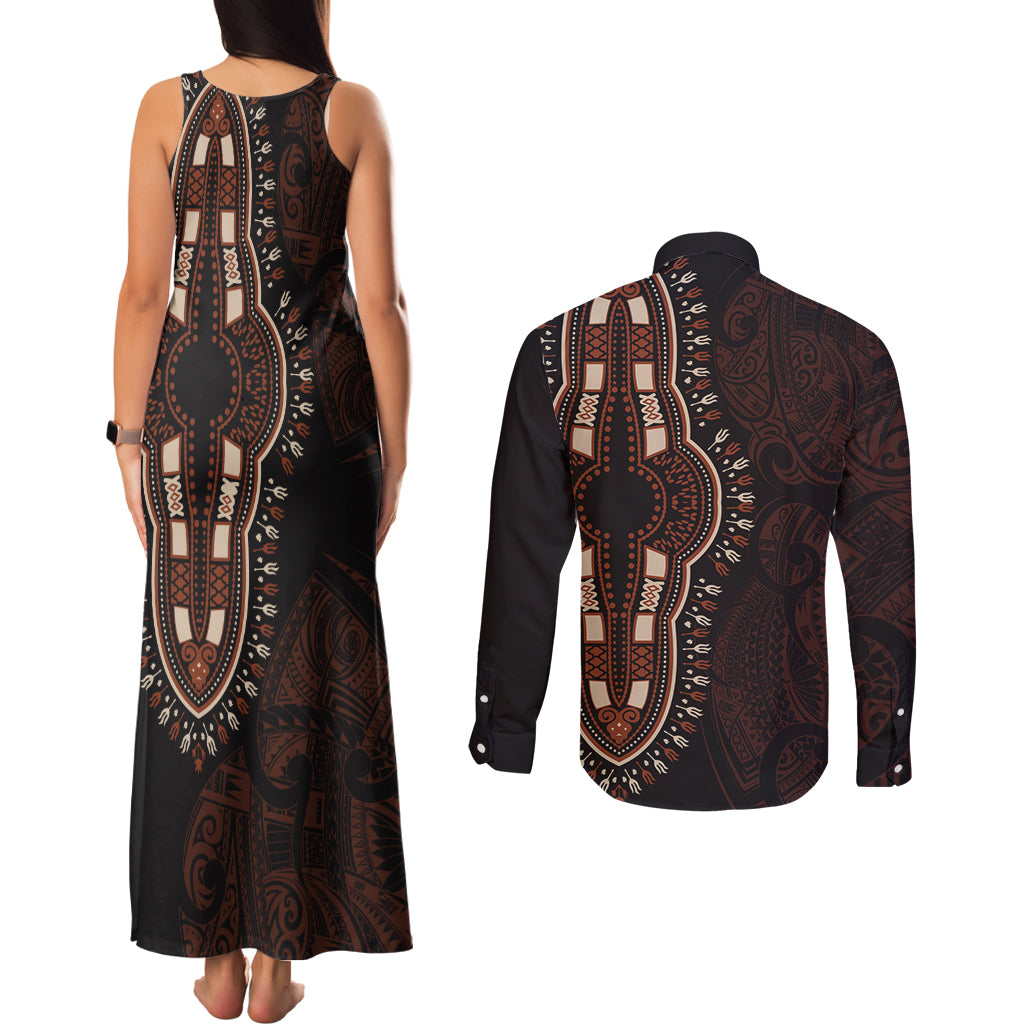 Africa Dashiki Couples Matching Tank Maxi Dress and Long Sleeve Button Shirts African Tribal Art Mixed Polynesian Tattoo Red Color Unique LT9 - Polynesian Pride