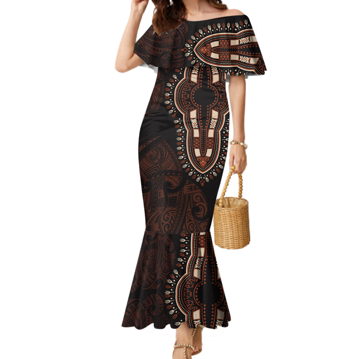Africa Dashiki Family Matching Mermaid Dress and Hawaiian Shirt African Tribal Art Mixed Polynesian Tattoo Red Color Unique LT9 Mom's Dress Red - Polynesian Pride
