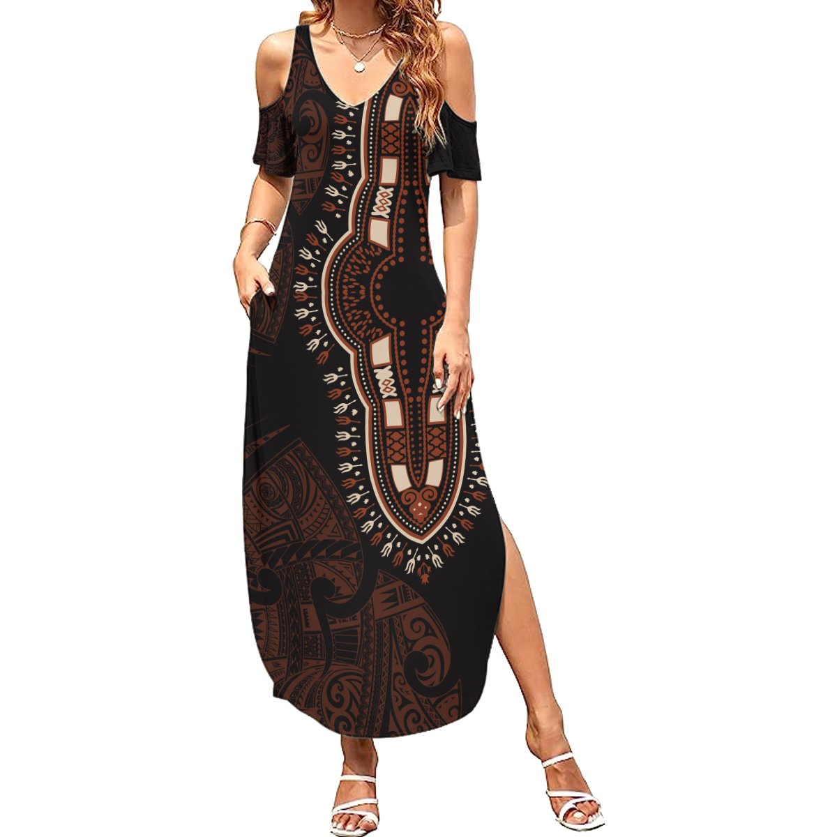 Africa Dashiki Summer Maxi Dress African Tribal Art Mixed Polynesian Tattoo Red Color Unique LT9 Women Red - Polynesian Pride