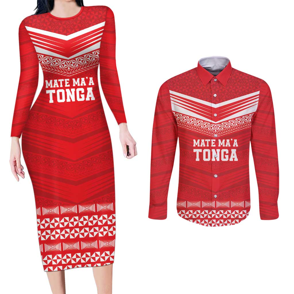 Custom Mate Ma'a Tonga Heritage Couples Matching Long Sleeve Bodycon Dress and Long Sleeve Button Shirt Pacific Tribal Rugby Red Edition - Polynesian Pride