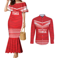 Custom Mate Ma'a Tonga Heritage Couples Matching Mermaid Dress and Long Sleeve Button Shirt Pacific Tribal Rugby Red Edition - Polynesian Pride