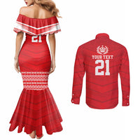 Custom Mate Ma'a Tonga Heritage Couples Matching Mermaid Dress and Long Sleeve Button Shirt Pacific Tribal Rugby Red Edition - Polynesian Pride