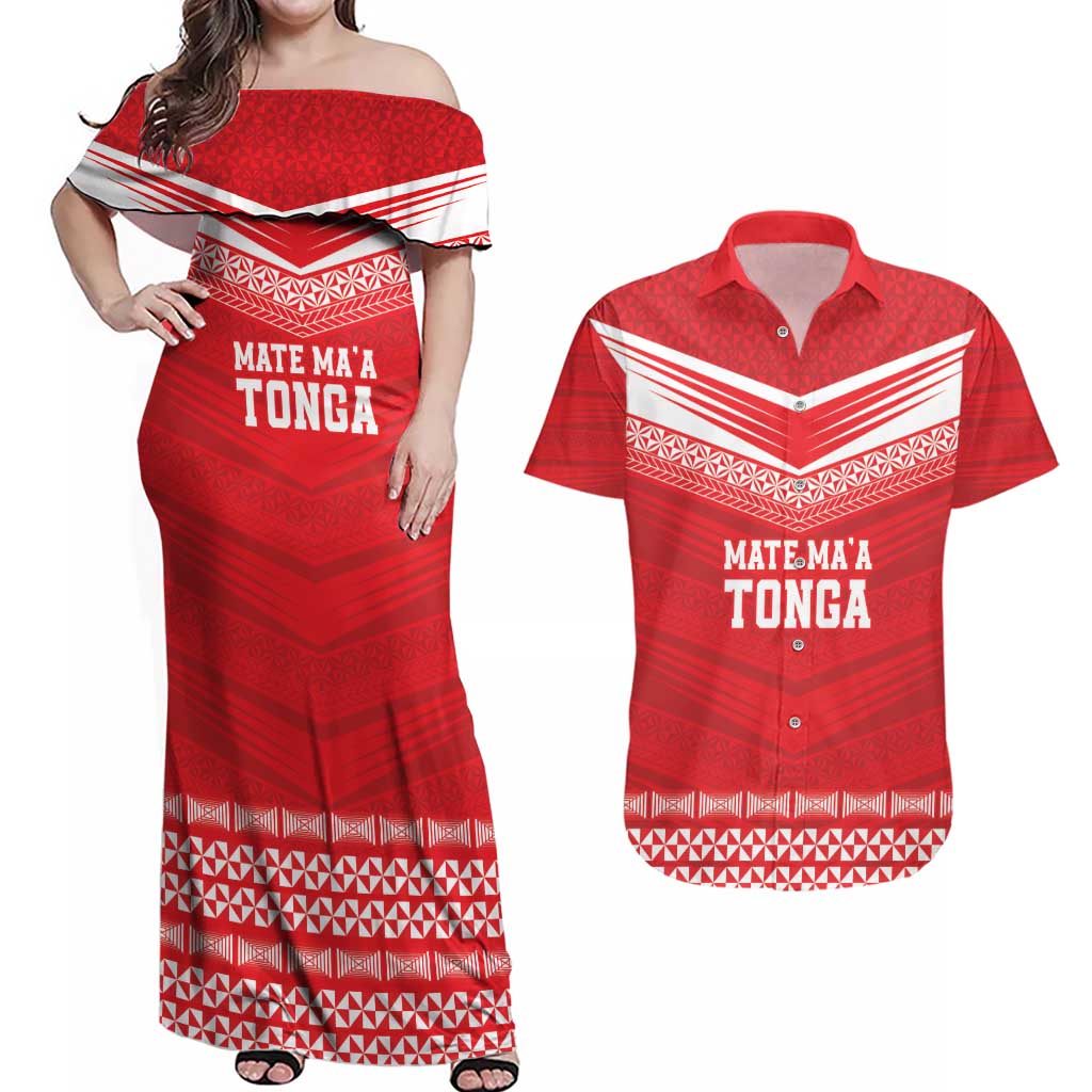 Custom Mate Ma'a Tonga Heritage Couples Matching Off Shoulder Maxi Dress and Hawaiian Shirt Pacific Tribal Rugby Red Edition LT9 Red - Polynesian Pride