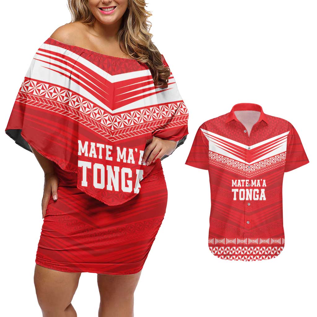 Custom Mate Ma'a Tonga Heritage Couples Matching Off Shoulder Short Dress and Hawaiian Shirt Pacific Tribal Rugby Red Edition LT9 Red - Polynesian Pride