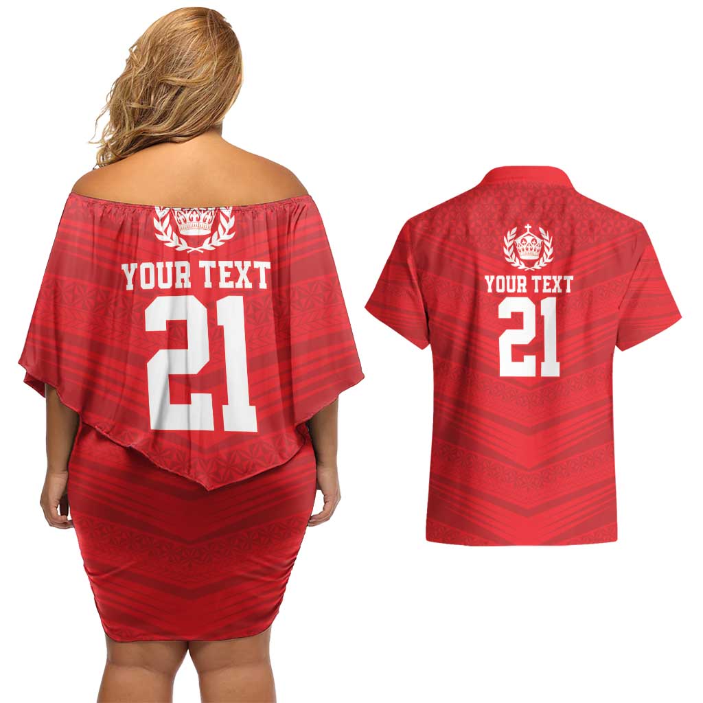 Custom Mate Ma'a Tonga Heritage Couples Matching Off Shoulder Short Dress and Hawaiian Shirt Pacific Tribal Rugby Red Edition LT9 - Polynesian Pride