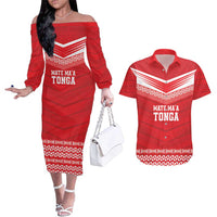 Custom Mate Ma'a Tonga Heritage Couples Matching Off The Shoulder Long Sleeve Dress and Hawaiian Shirt Pacific Tribal Rugby Red Edition LT9 Red - Polynesian Pride