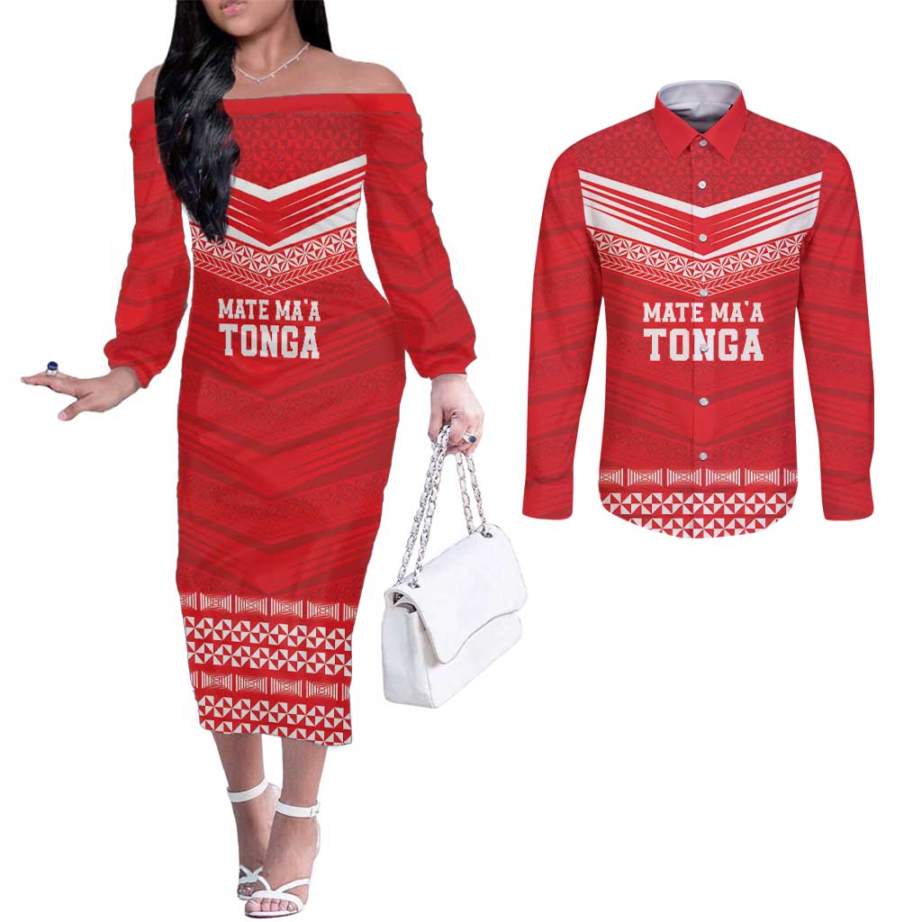 Custom Mate Ma'a Tonga Heritage Couples Matching Off The Shoulder Long Sleeve Dress and Long Sleeve Button Shirt Pacific Tribal Rugby Red Edition - Polynesian Pride