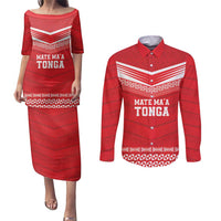 Custom Mate Ma'a Tonga Heritage Couples Matching Puletasi and Long Sleeve Button Shirt Pacific Tribal Rugby Red Edition - Polynesian Pride