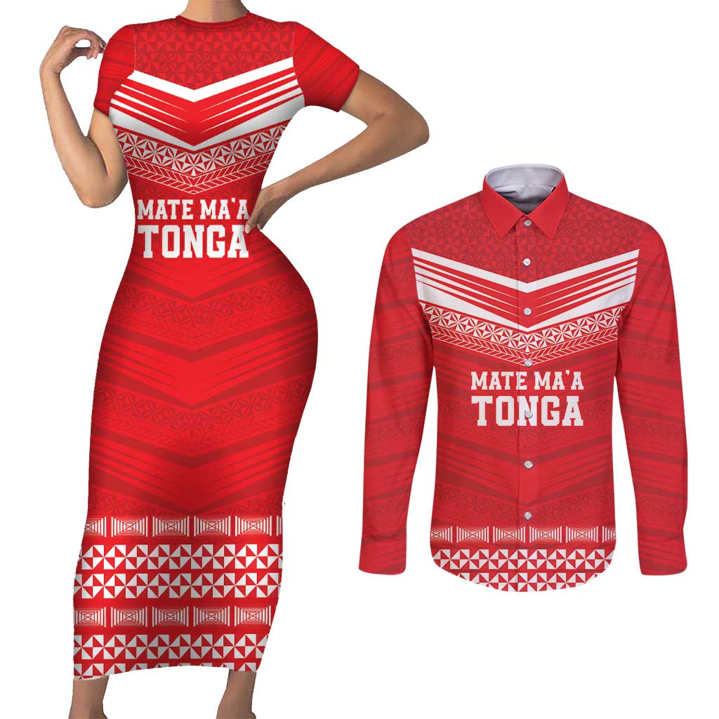 Custom Mate Ma'a Tonga Heritage Couples Matching Short Sleeve Bodycon Dress and Long Sleeve Button Shirt Pacific Tribal Rugby Red Edition - Polynesian Pride