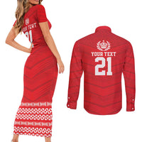 Custom Mate Ma'a Tonga Heritage Couples Matching Short Sleeve Bodycon Dress and Long Sleeve Button Shirt Pacific Tribal Rugby Red Edition - Polynesian Pride