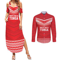 Custom Mate Ma'a Tonga Heritage Couples Matching Summer Maxi Dress and Long Sleeve Button Shirt Pacific Tribal Rugby Red Edition - Polynesian Pride