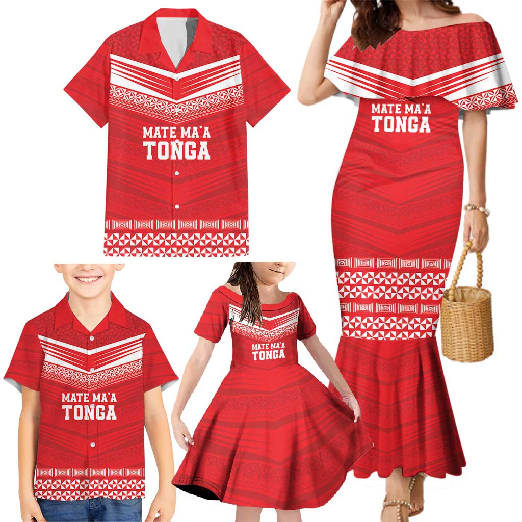 Custom Mate Ma'a Tonga Heritage Family Matching Mermaid Dress and Hawaiian Shirt Pacific Tribal Rugby Red Edition - Polynesian Pride