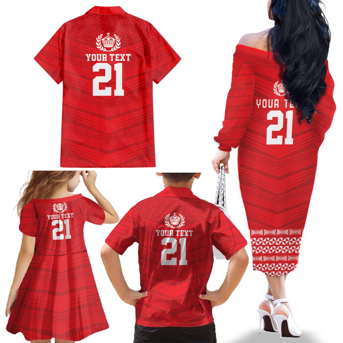 Custom Mate Ma'a Tonga Heritage Family Matching Off The Shoulder Long Sleeve Dress and Hawaiian Shirt Pacific Tribal Rugby Red Edition LT9 - Polynesian Pride