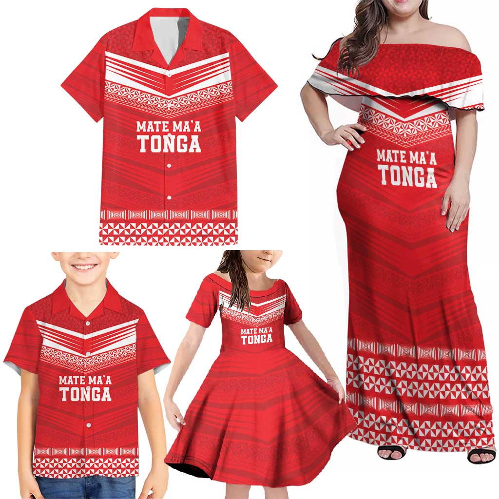 Custom Mate Ma'a Tonga Heritage Family Matching Off Shoulder Maxi Dress and Hawaiian Shirt Pacific Tribal Rugby Red Edition LT9 - Polynesian Pride
